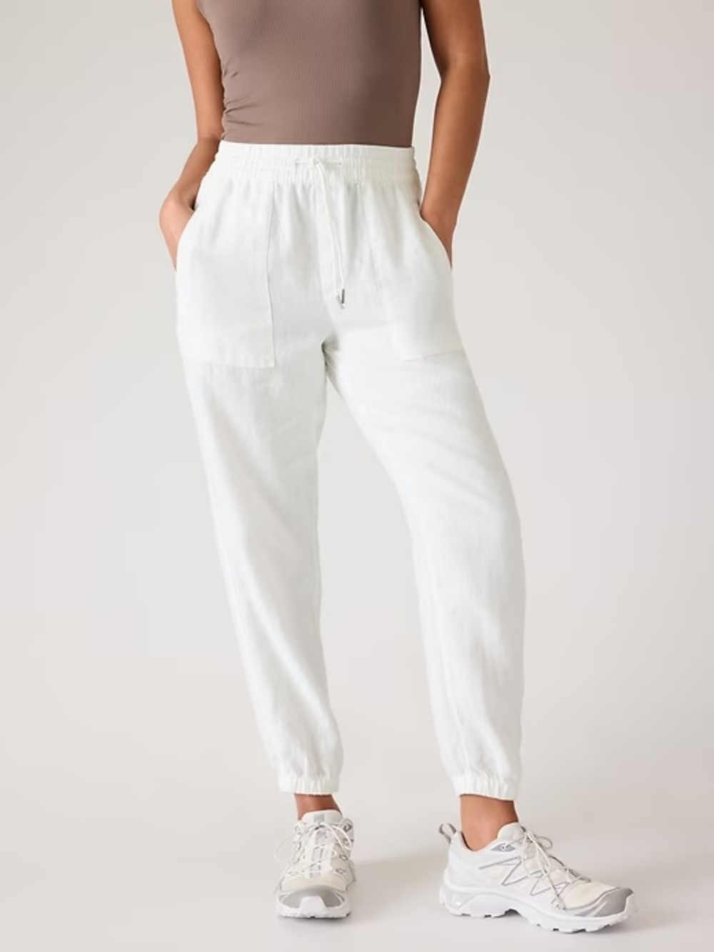 Athleta White Drawstring Elastic-Waist Linen Retreat Joggers